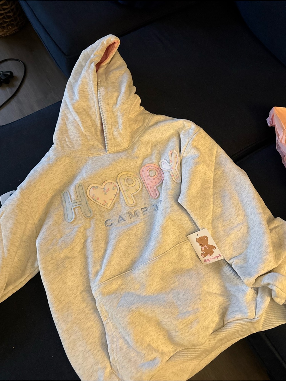 Happy Camp3r Patchwork Hoodie - Light Gray & Pink
